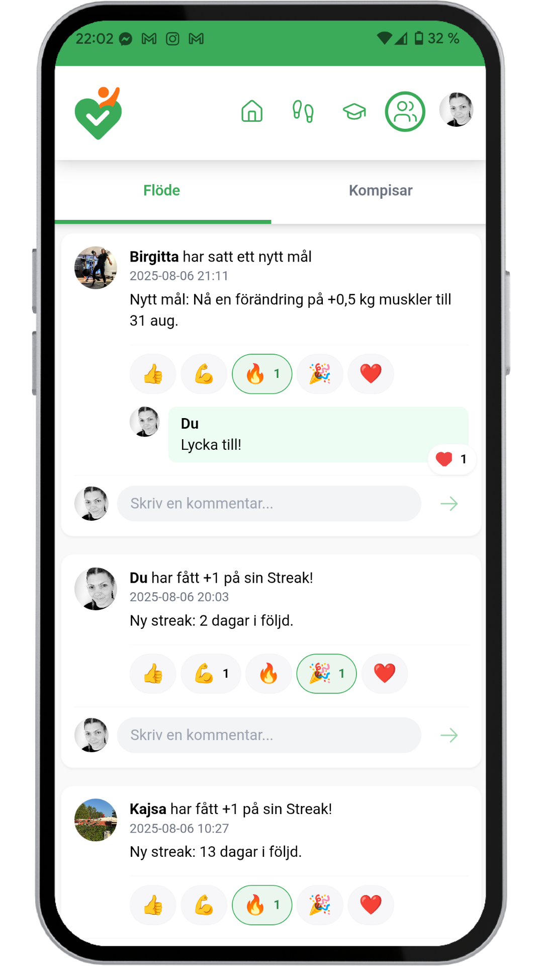 Appskärmbild som visar community-flödet med peppkompisar.