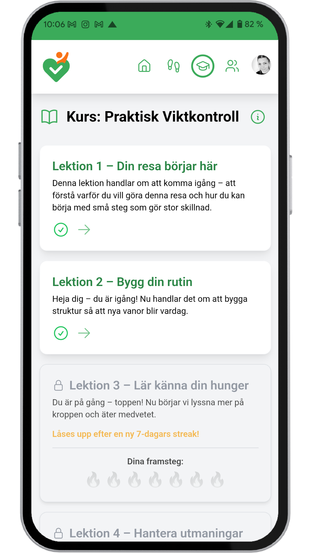 Appskärmbild som visar en översikt av kursen Praktisk Viktkontroll.